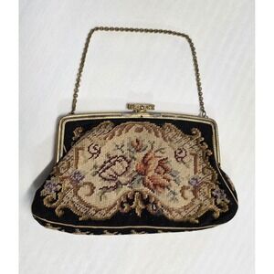 Vtg 50s Needlepoint Purse Tapestry Floral Cottage Gold Tone Chain Czechoslovakia